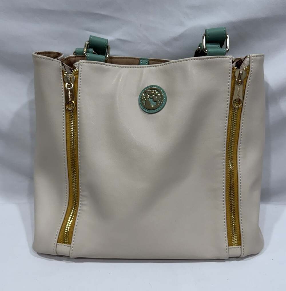 Spartina 449 Large Genuine Leather Ivory & Teal Shoulder Handbag Classic